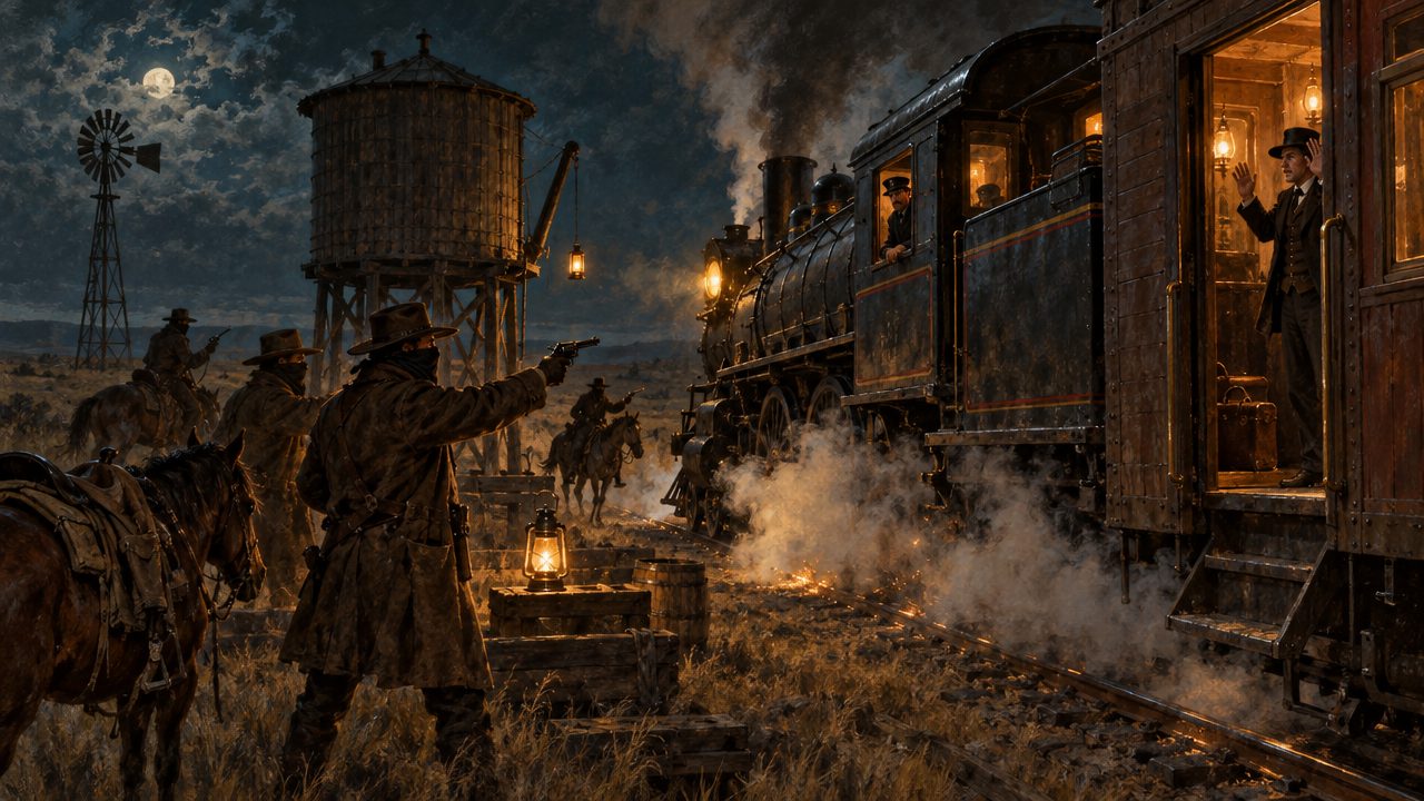 Masked men with revolvers and lanterns stop a train beside a water tank at night