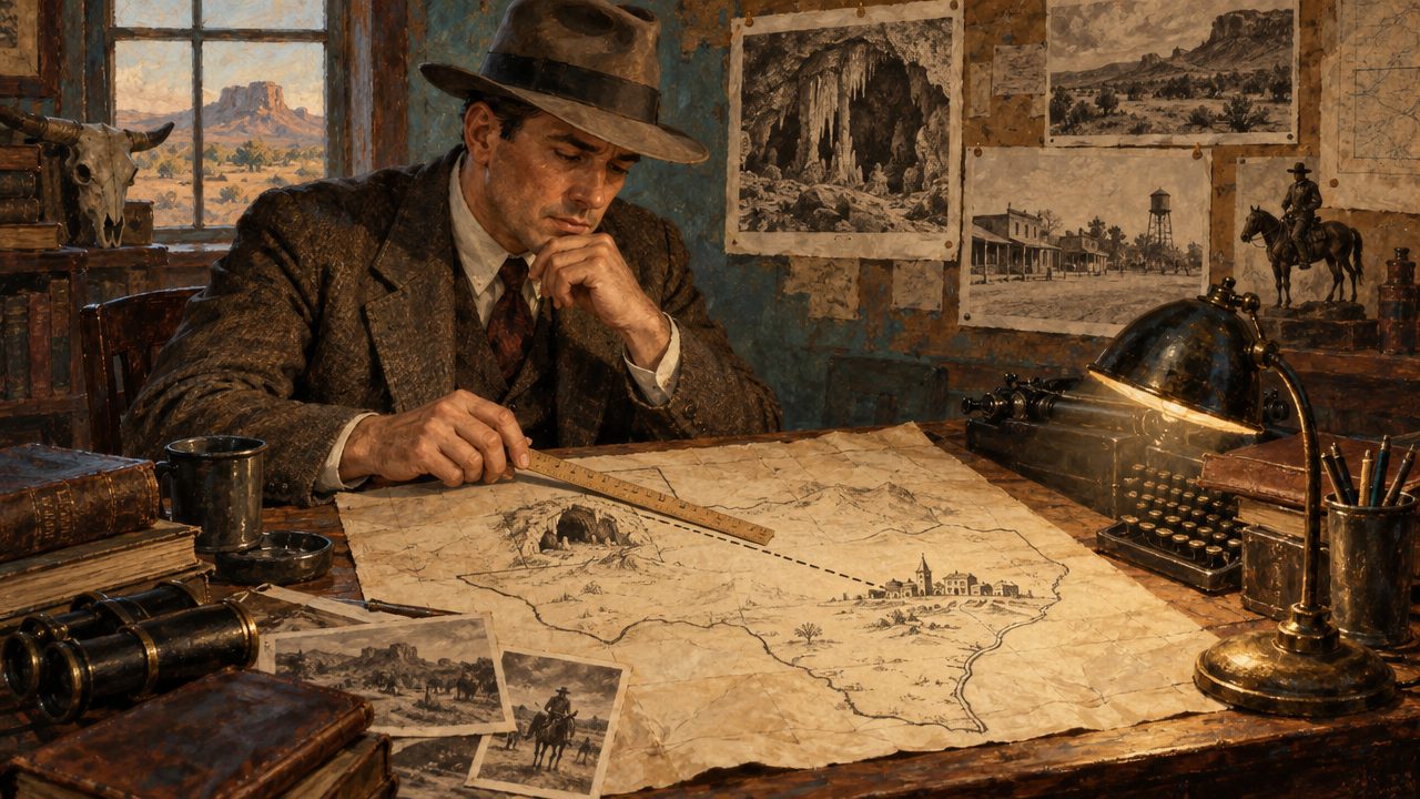 A man in a 1930s suit and fedora studies a hand-drawn map at a desk with a typewriter