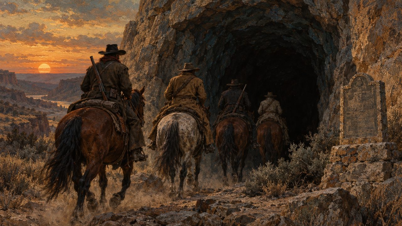 4 riders file into a cave mouth in a cliff above a river at sunset