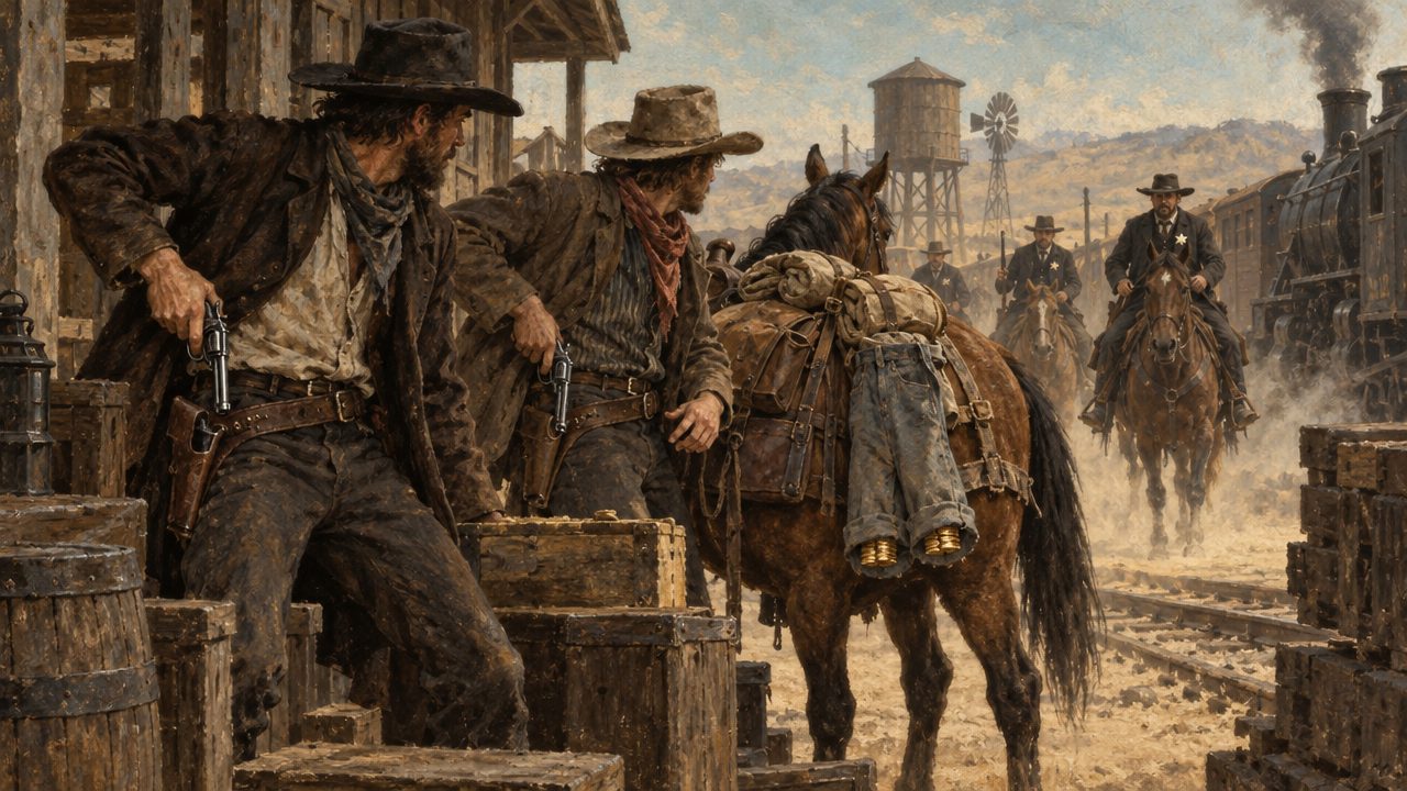 2 outlaws draw pistols beside a pack horse at a railroad station as lawmen ride in