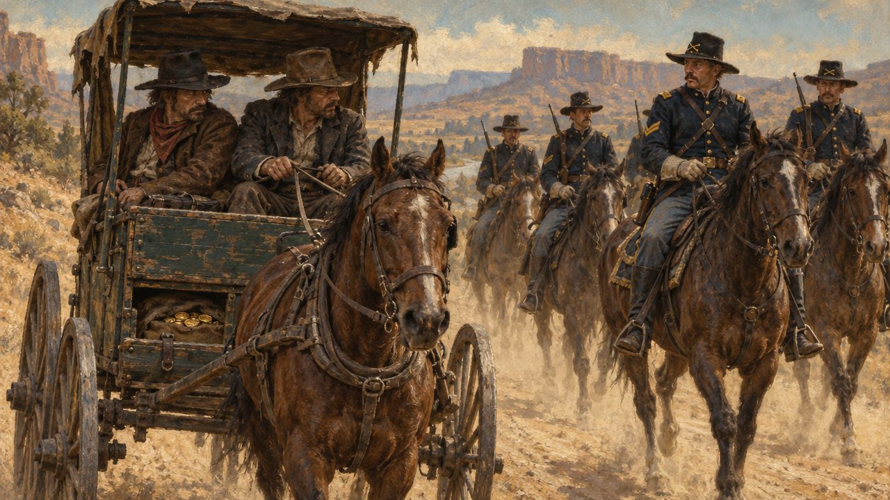 2 men drive a covered buggy with gold under the seat as uniformed riders keep pace