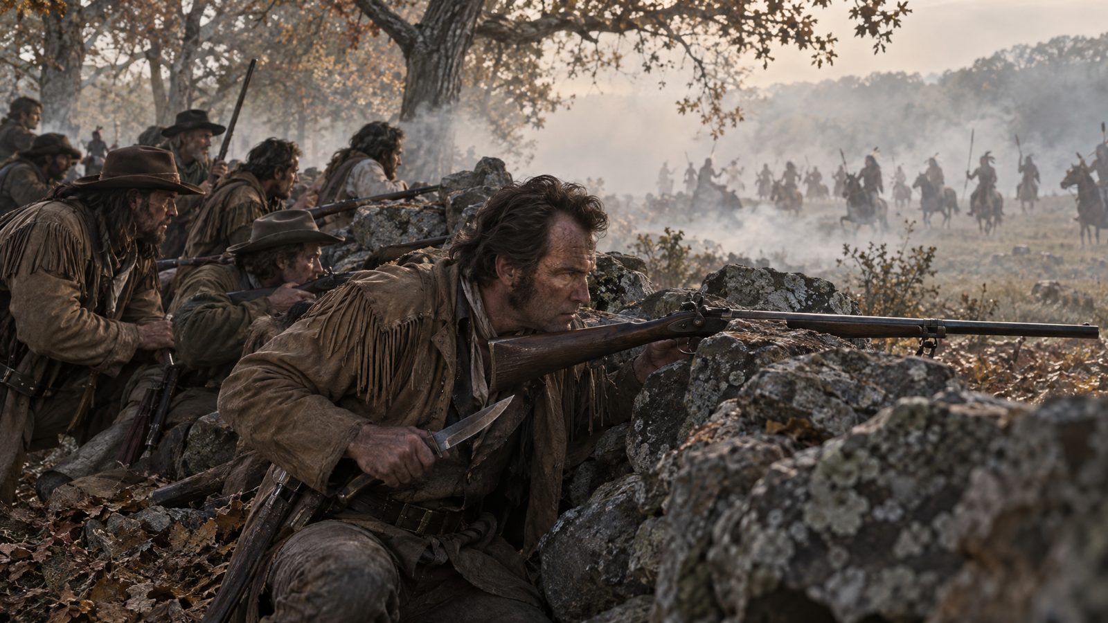Frontiersmen in buckskin fire rifles from behind a rock barricade as mounted warriors circle