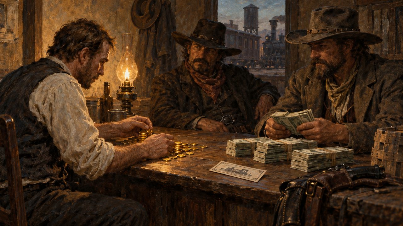 3 outlaws count gold coins and paper money by lamplight, a train outside the window