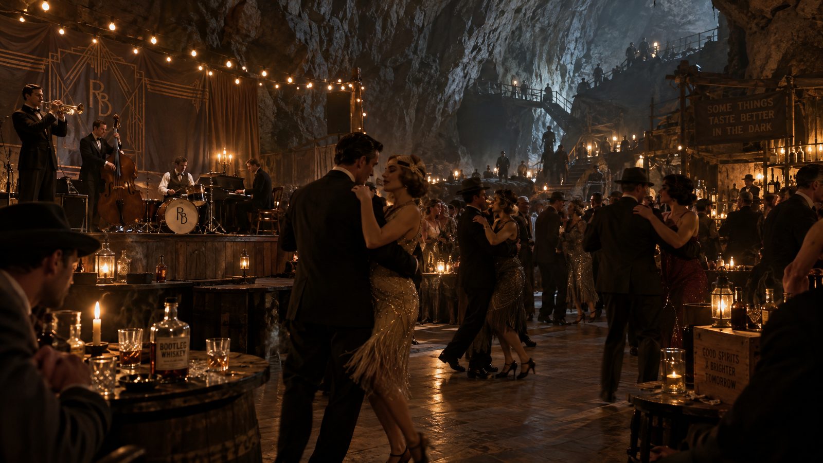 Couples dance to a band inside a lantern-lit cave