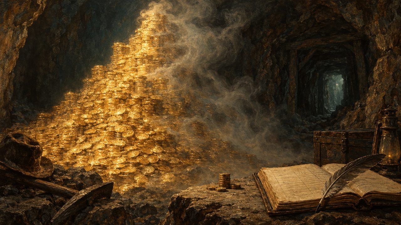 A towering heap of gold coins in a cave beside an open ledger