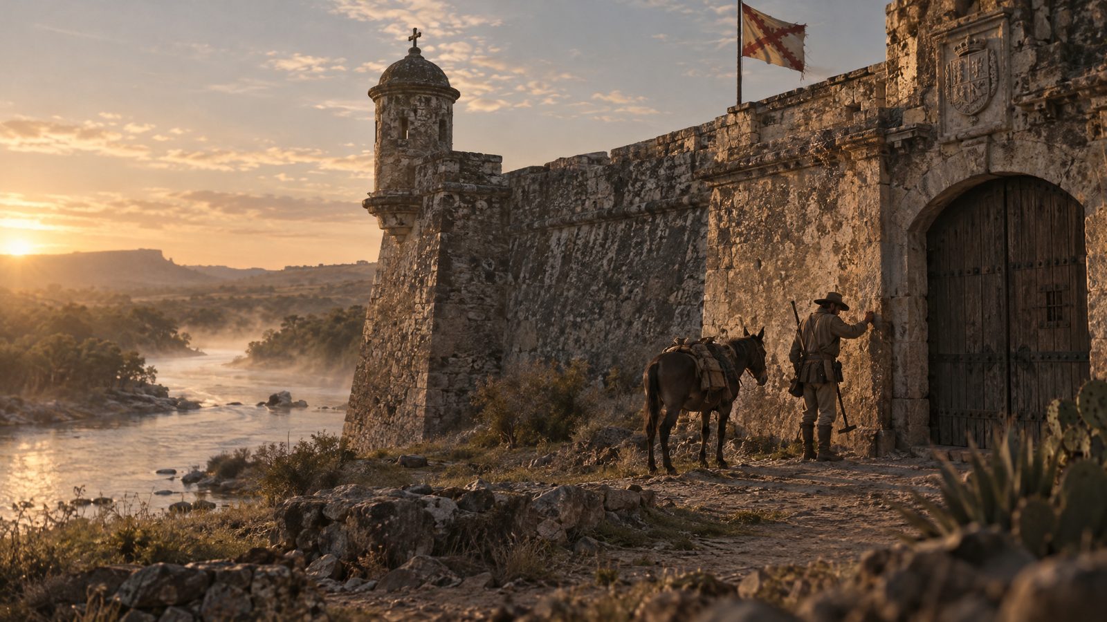 A stone Spanish fort with a corner tower above a river at sunrise