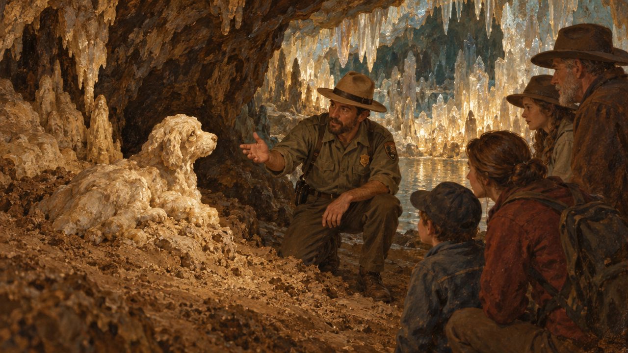 A park guide kneels beside a white rock shaped like a dog while a family listens