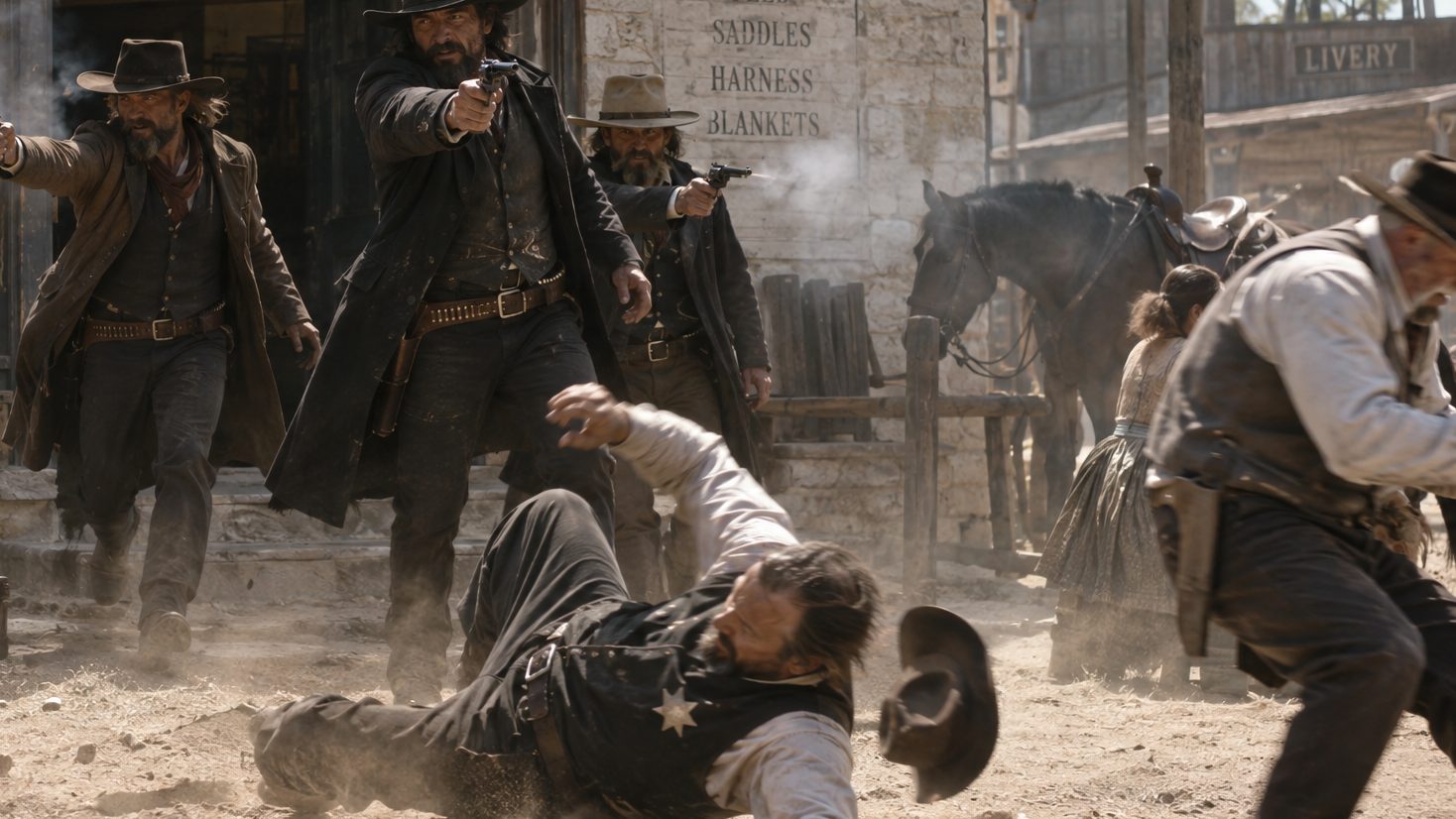 Outlaws fire revolvers in a dusty street as a lawman with a star badge falls