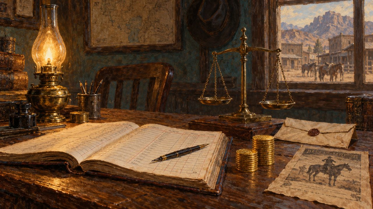 An open ledger, brass scales and stacks of gold coins on a lamplit desk