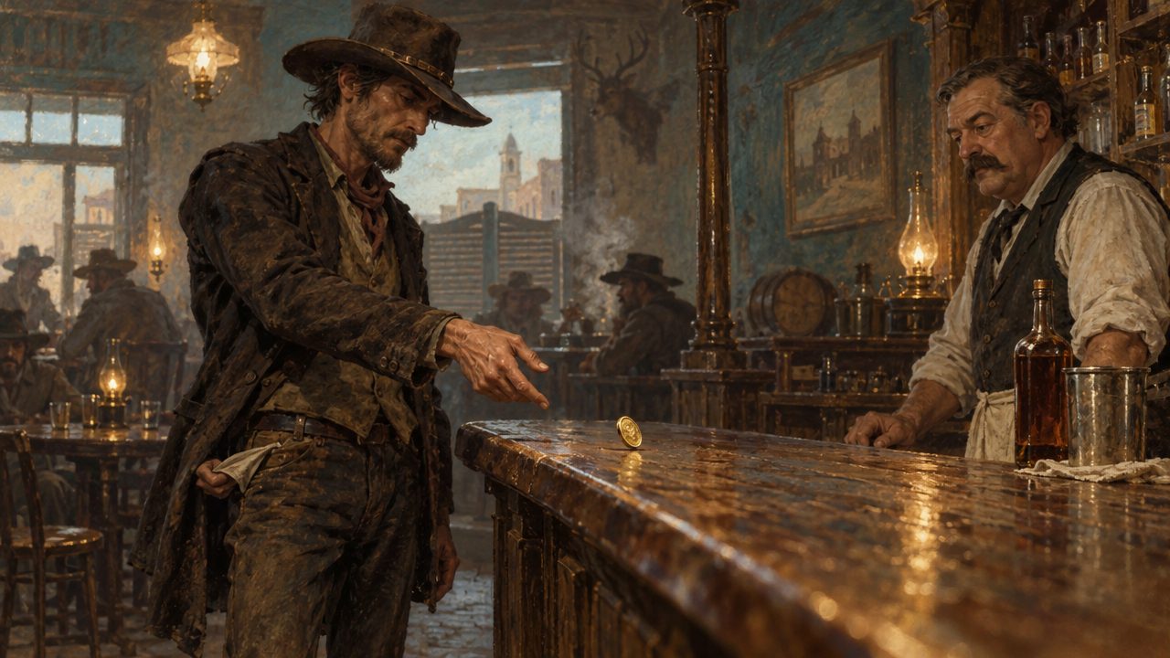 A ragged outlaw tosses a gold coin onto a saloon counter, his pocket turned out