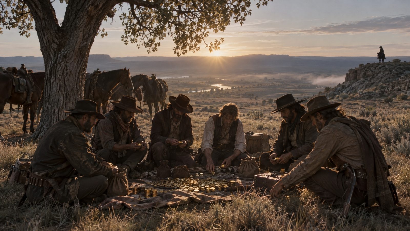6 outlaws divide gold coins on a blanket under a tree while a rider watches from a ridge